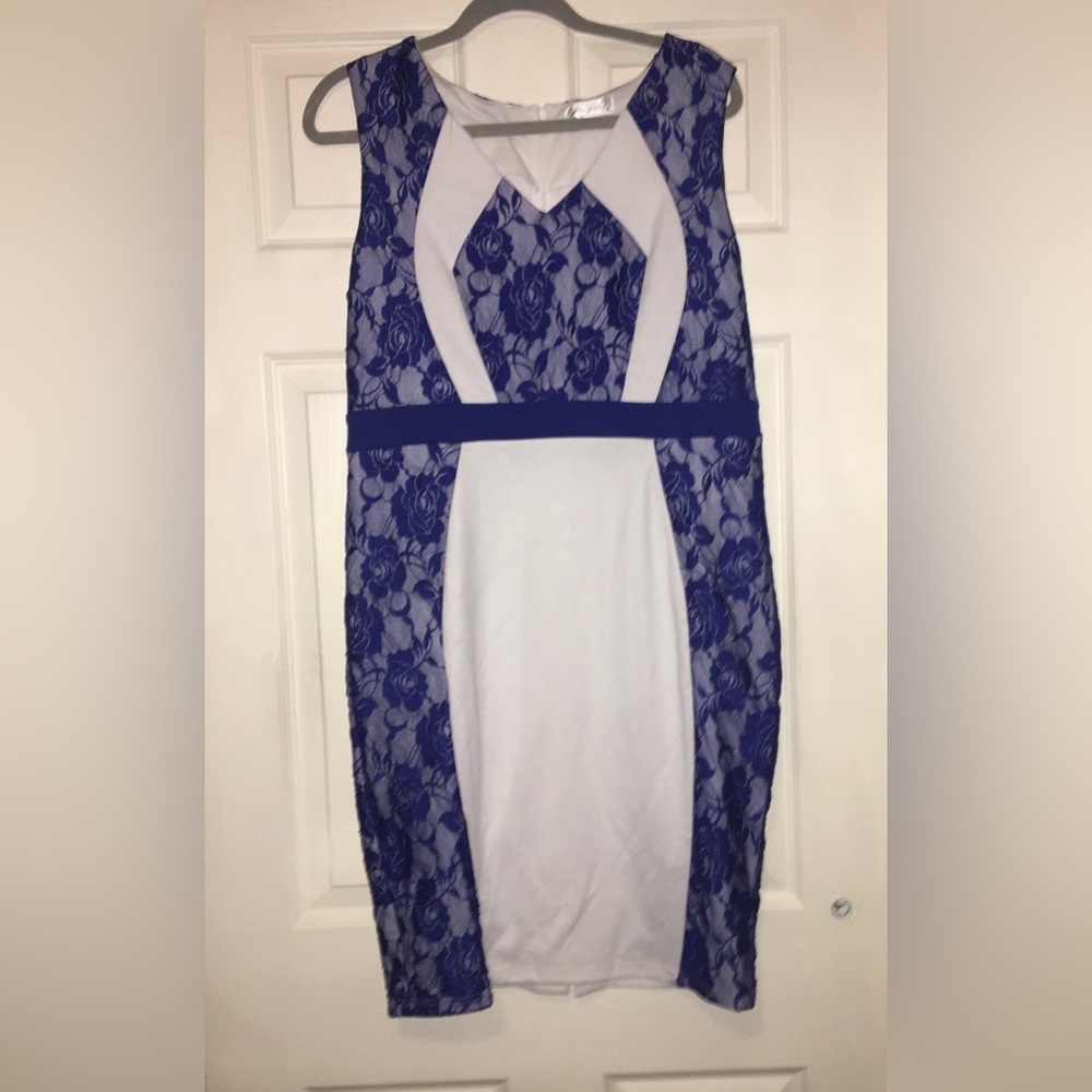 Blue and white detail body con dress. Xiangzhi brand.